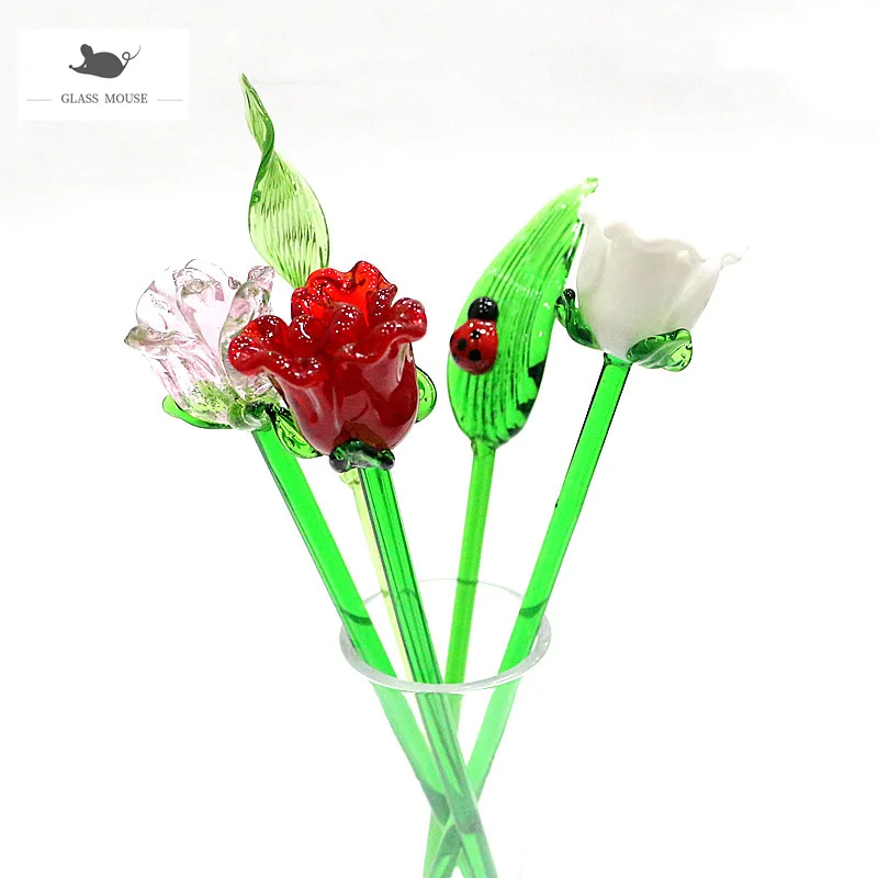 

Lampwork Handmade Art Murano Glass Flower Lovely Long Stem Rose Ornament Valentine's Day Holiday Party Gifts For Home Vase Decor