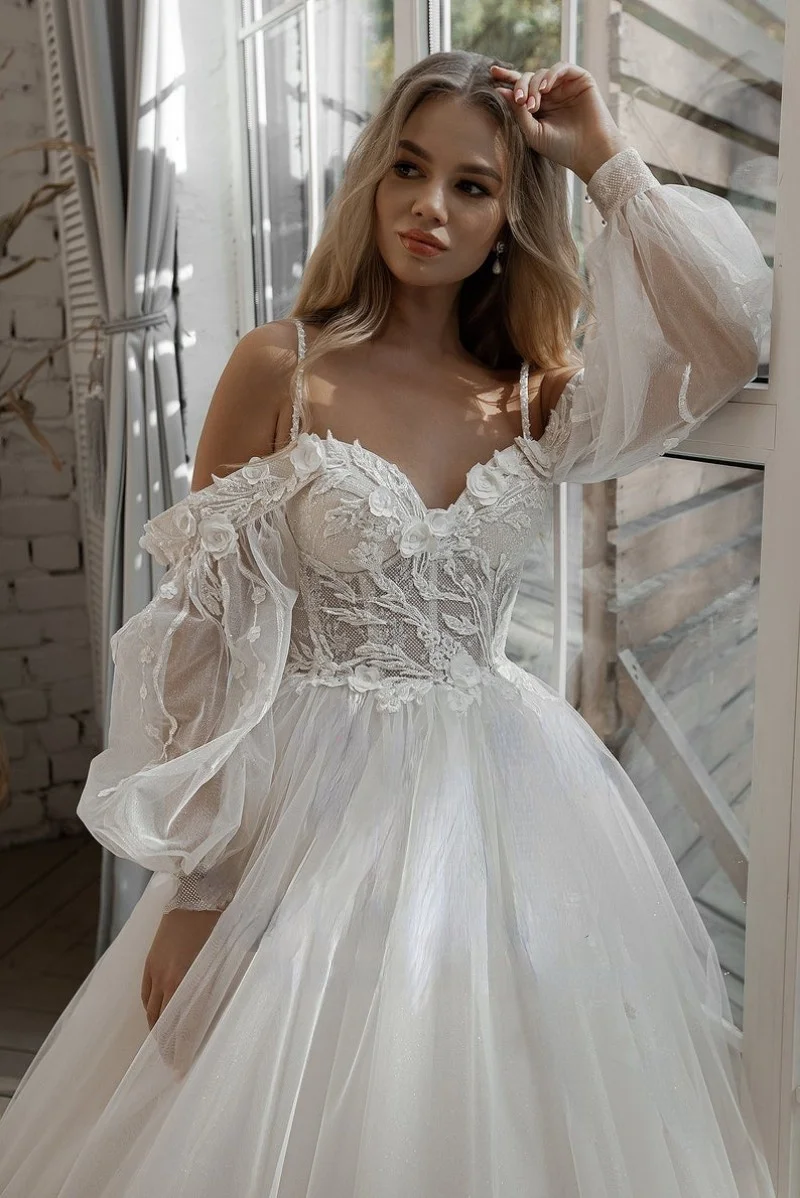 Gaun pernikahan lengan Puff applique renda 3D bunga bahu terbuka gaun pengantin Tulle Boho 2022 vestidos de novia