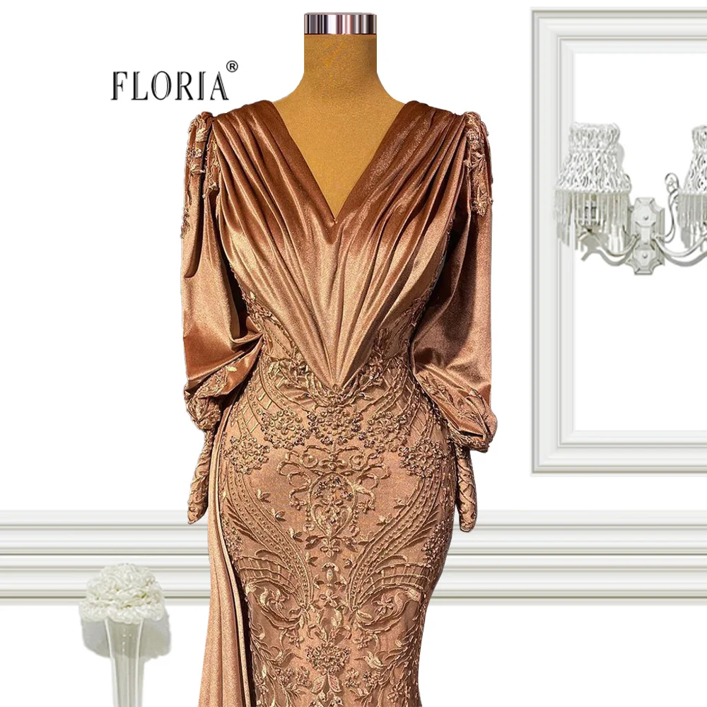 Floria Light Brown Long Sleeves Mermaid Evening Dress 2022 Women's V-neck Lace Beaded Long Prom Gown vestido de noche Plus Size