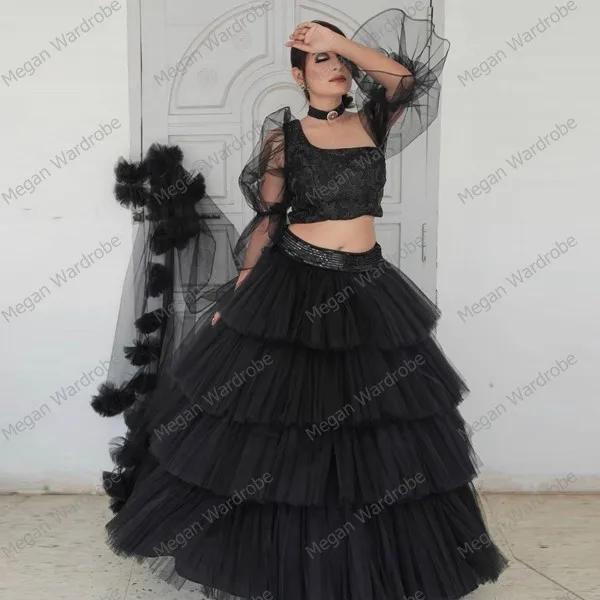 Chic Gothic style Black Three Pieces Extra Puffy Tulle Party Dress Women Puff Sleeves Tops And Tiered Ruffles Skirts Custom Made