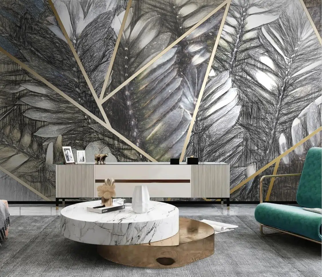 

Custom Self-adhesive mural Nordic plant leaves light luxury bedroom background wall painting home decoration 3d wallpaper murals