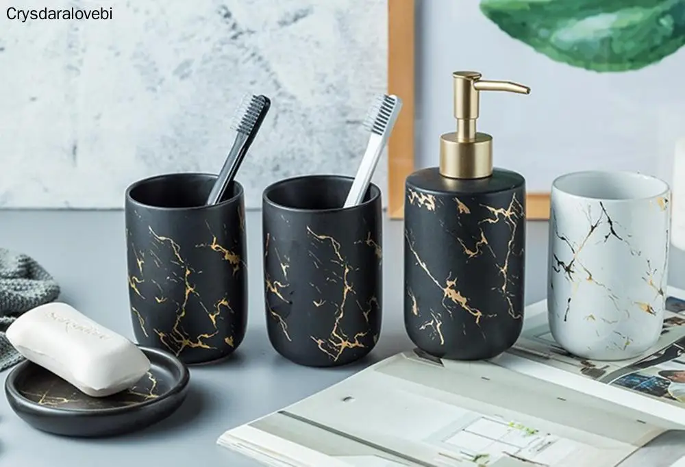 Bathroom Decoration Ceramic Bathroom Set Imitation Marble ceramic Toothbrush Holder Soap Dish Soap Dispenser Washroom Kit