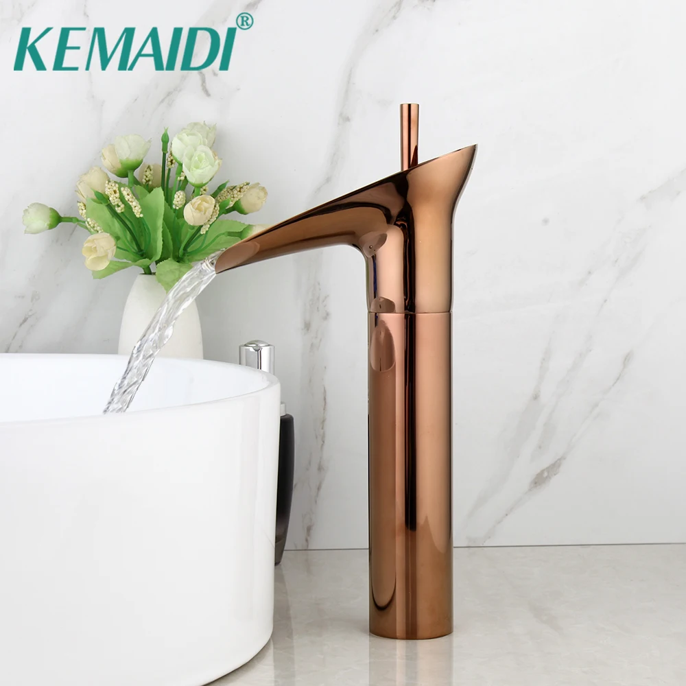 KEMAIDI Luxury Bathroom Basin Sink Faucet Rose Golden Pink Hot Cold Wash Basin  Mixer Faucets Deck Mounted Waterfall Mixer Tap 