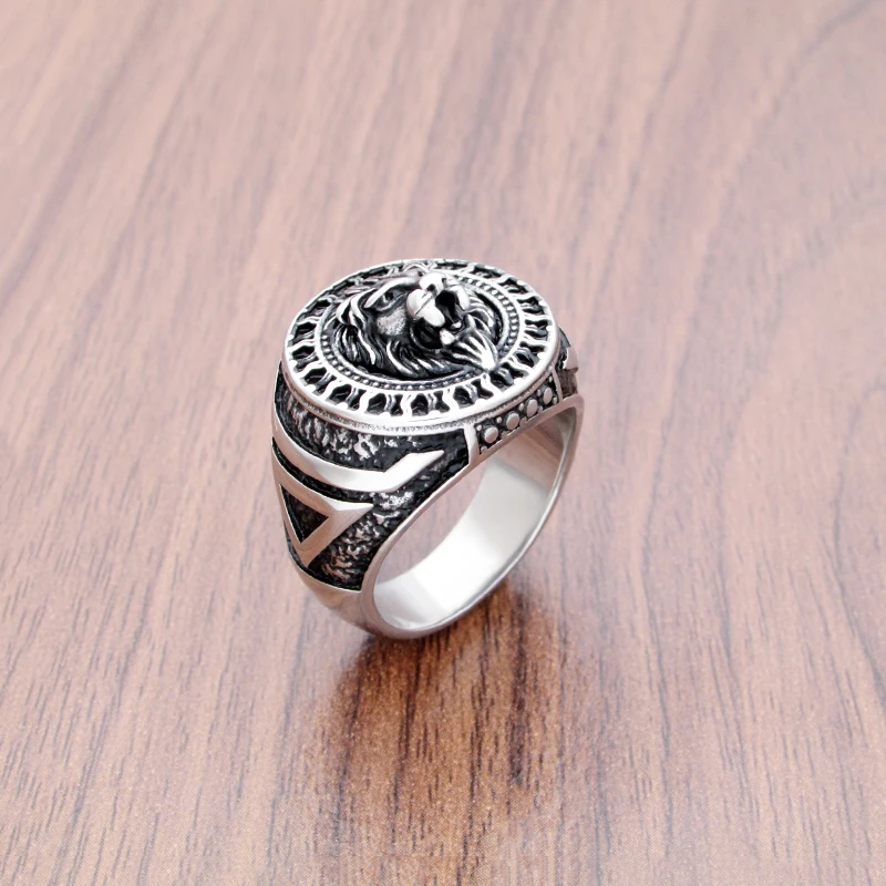 316L Stainless Steel Sun Veles Lion Head Ring Viking Rune Talisman Slavic Kolovrat Scandinavian Amulet Jewelry
