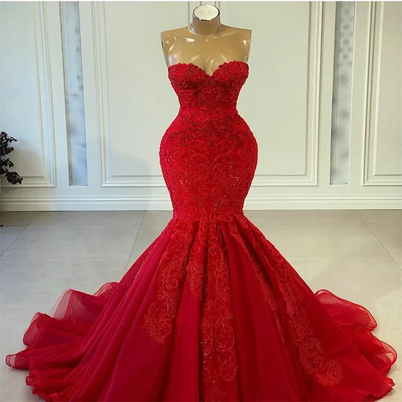 Luxury Red Evening Dresses Beads Appliqued Lace Sleeveless Prom Pageant Gown Robe De Mariée Sweep Train Custom Made Party Gown