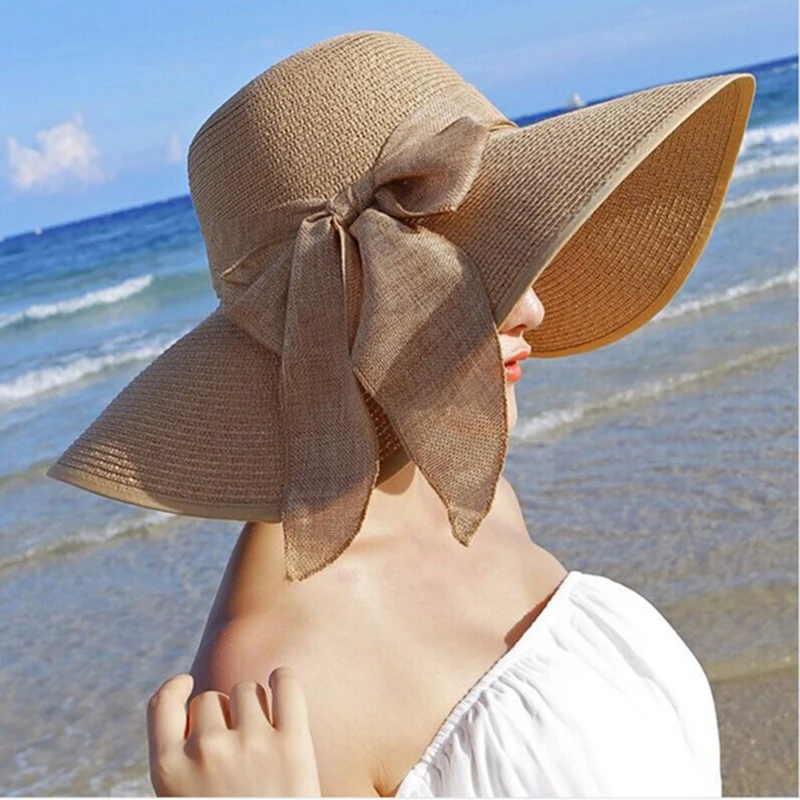 Chapeau De Soleil Femme Paille Large Bord Pliable Avec Fleur - Casquette Été Protection UV Voyage