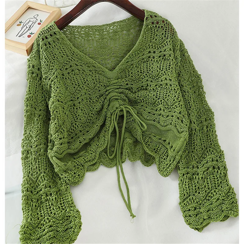 Spring Hollow Out Knitted Pullovers Women Thin V-Neck Drawstring Sweater Female Long Sleeve Bottoming Knitwear Short Tops AB1795