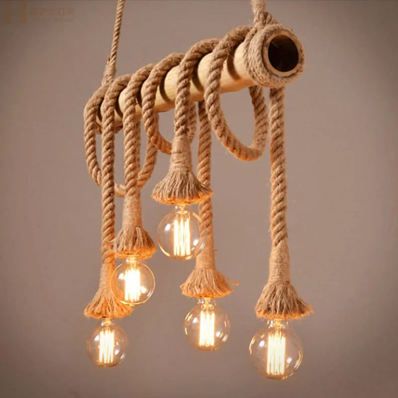 Vintage Rope bamboo Pendant Lights Personality Loft Lights Hemp Rope wood  lamp for Kitchen Cafe Bar Decor