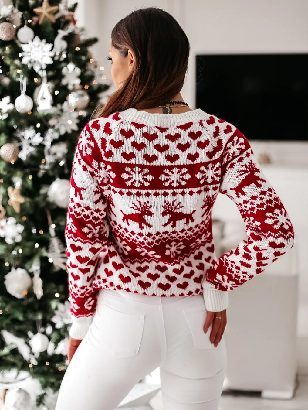 Suéter de punto para mujer, jersey con estampado de alce y copo de nieve, otoño e invierno, navidad
