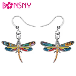 BONSNY Enamel Alloy Mental Floral Sweet Dragonfly Earrings Insect Drop Dangle Fashion Party Jewelry For Women Girls Charm Gifts