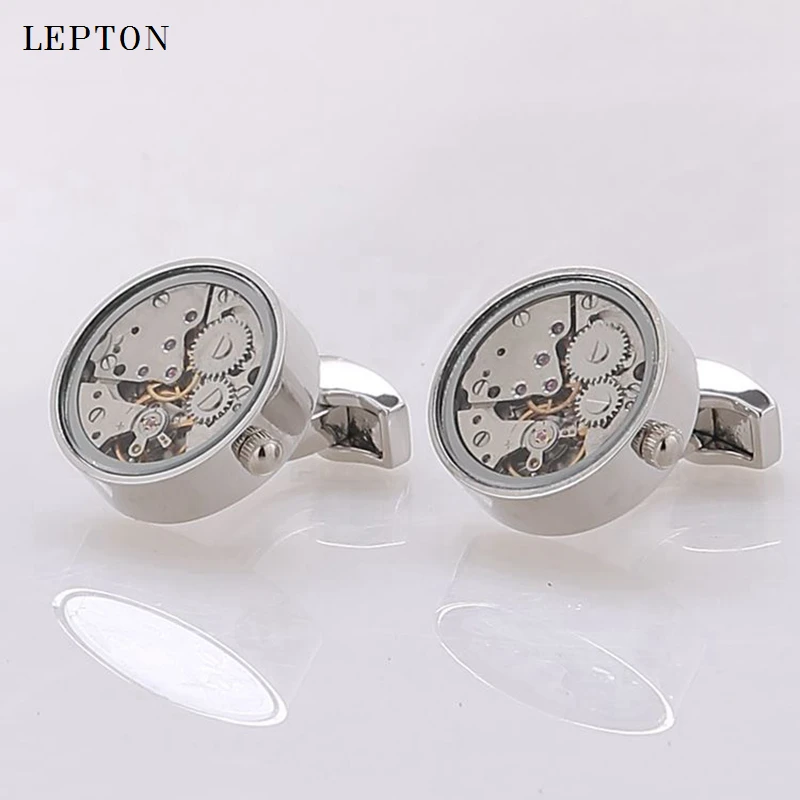 Hot Watch Movement Cufflinks Of Immovable Glass-Fronted Lepton Steampunk Gear Watch Mechanism Cufflink for Mens Drop Shipping