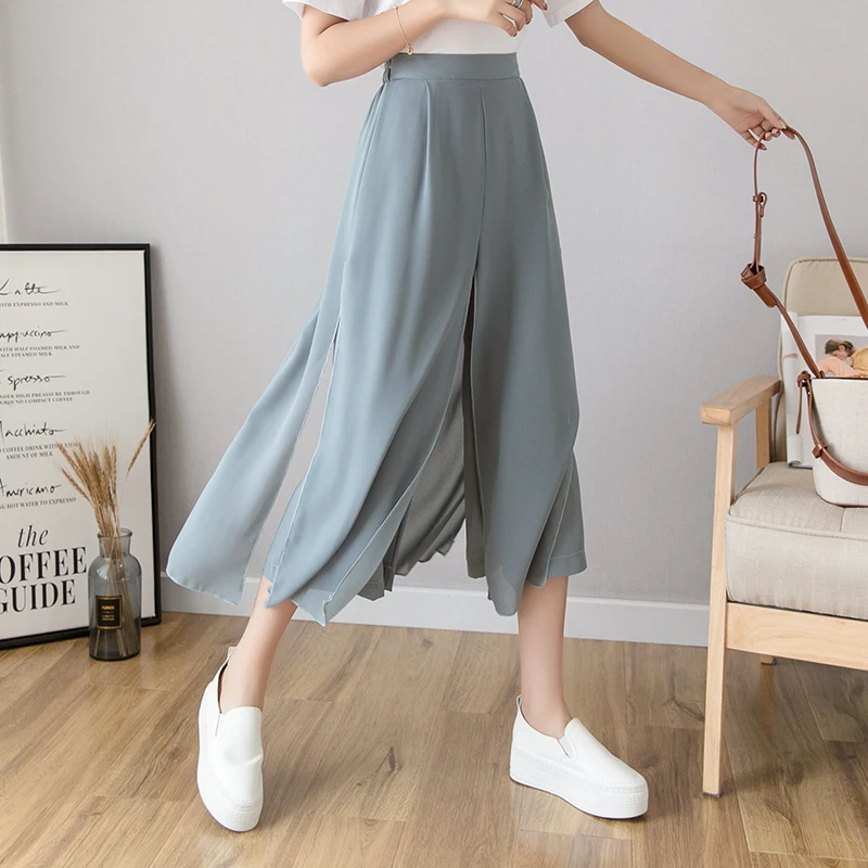 Chiffon Palazzo Pants Women Summer Casual Loose Pants Korean Ladies High Waist Blue Black White Pants