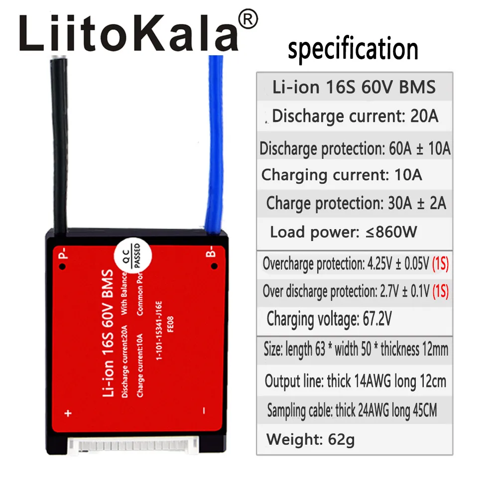 LiitoKala 10S 13S 16S 20S BMS 20A 36V 48V 60V 72V PCM PCB for 3.7V lithium ion battery pack 18650 NMC E-bicycle Scooter NTC