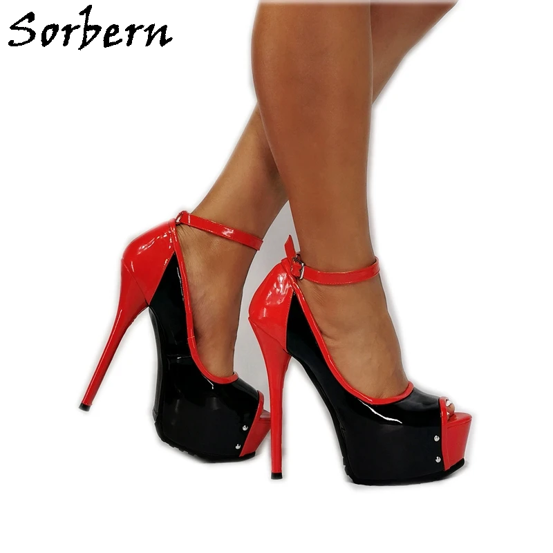 

Sorbern Black Red Women Pumps Peep Toe Ankle Strap Platform High Heels Stilettos Party Shoe Rivet Heels Size 13 Club Footwear