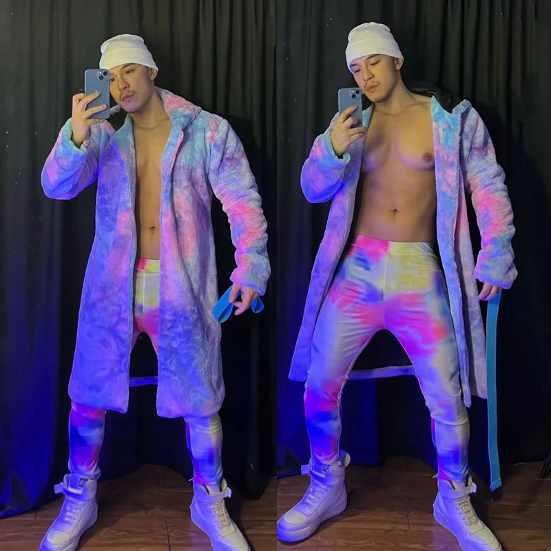 Male Long Fur Color Tie-dye Long Coat Leggings Festival Rave Outfit Gogo Costume Burning Man Nightclub Dj Ds Clothing XS3148