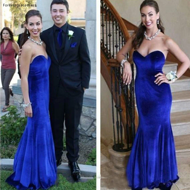 Royal Blue Velvet Prom Dress High Quality Sweetheart Fitted Backless Sweep Train Long Formal Party Gown Custom Made