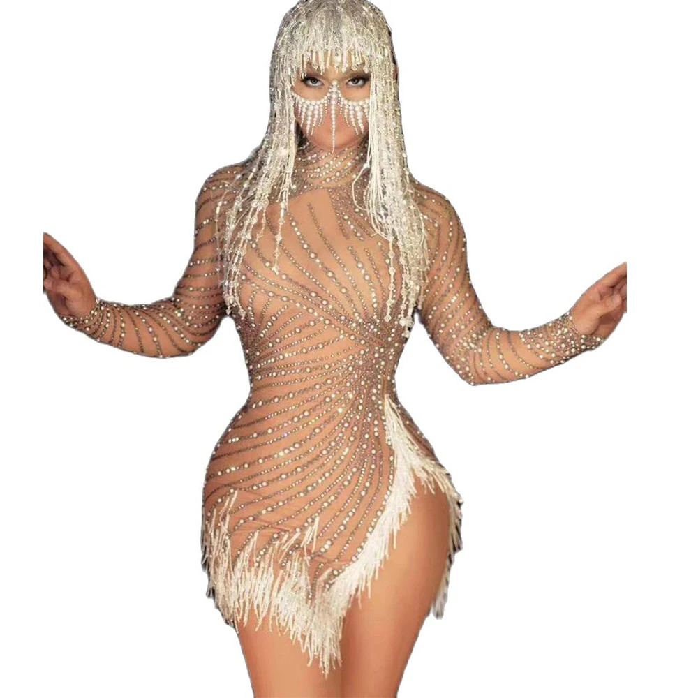 Sparkly Diamond Women Mini Dress Embellished Outfit Half High Collar Tight Stretch Asymmetrical Beaded Tassel Costume Stage Wear