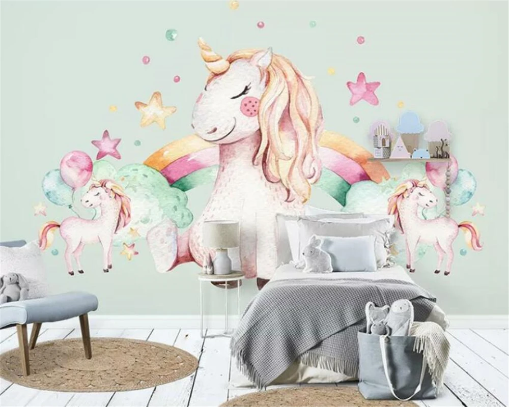 Customized 3d pink Nordic minimalist unicorn boys and girls children\'s room background wall murals Decorative 3d wallpaper