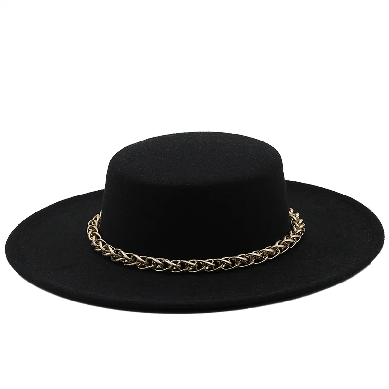 New British Style Gold chain winter wool solid Classic fedoras cap men women panama jazz hat 9.5CM Wide Brim Big Fedoras