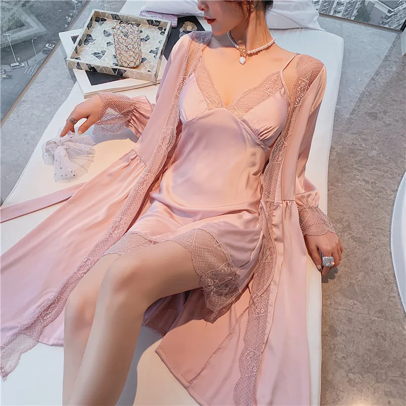 Sexy Pink Rayon Wedding Robe Suspender Nightgown Two-piece Suit Women Spring Summer Sleepwear Intimate Lingerie Loose Home Dress