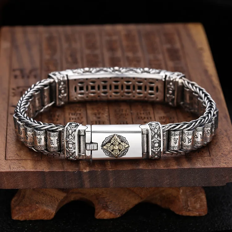 Solid 925 Silver Tibetan Bracelet Tibetan Six Words Bracelet Vintage Sterling Silver Buddhist Vajra DorjeBracelet