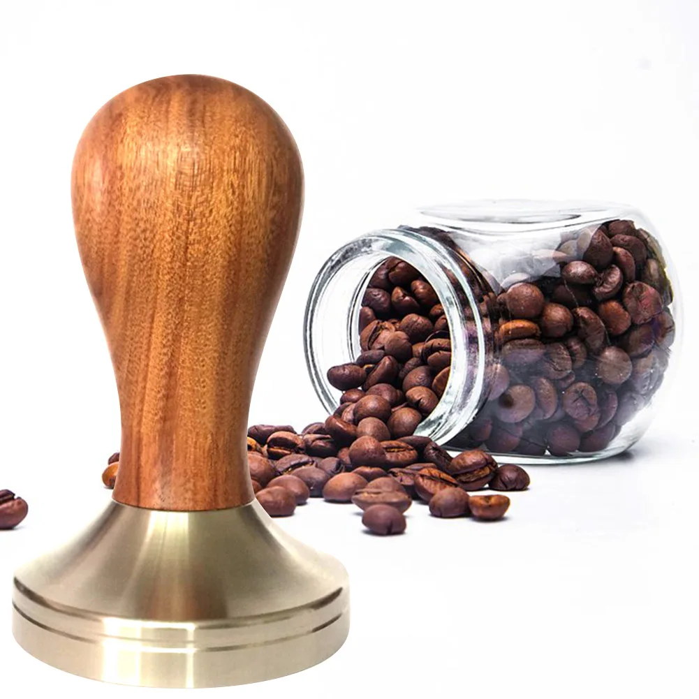 Kayu Espresso Cokelat Kehitaman Tamper 51 Mm/58 Mm Stainless Steel Datar Dasar JAN88