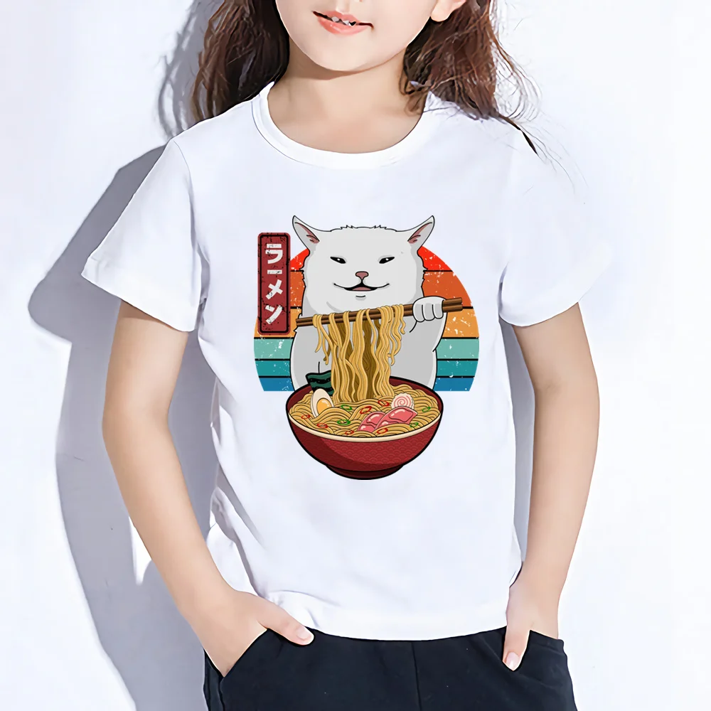 Estate ragazzi ragazze moda stampa T Shirt bambini gatto mangia tagliatelle carino manica corta top magliette bambino abbigliamento bambino, YKP156