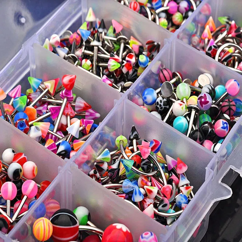 50/100PCS Mixed Acrylic Surgical Steel Body Piercing Jewelry Lot Bulk Nose Ring Tongue Bar Navel Eyebrow Lip Labret Piercing Set