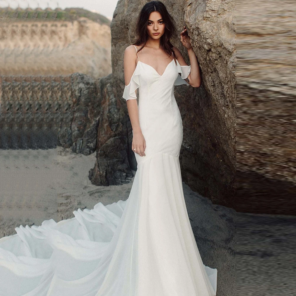 Customized Elegant Long Mermaid Wedding Dresses White 2025 Spaghetti Straps Backless Short Sleeve Beach Chiffon Sweep Train