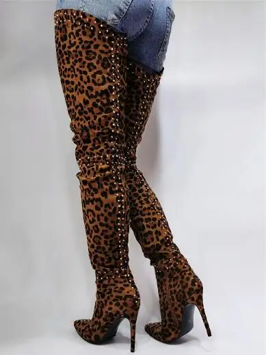 

Drop Shipping Sexy Woman Leopard Over The Knee Rivet Boots Pointed Toe Stiletto Heels Runway Show Dance Thigh Long Boots Shoes