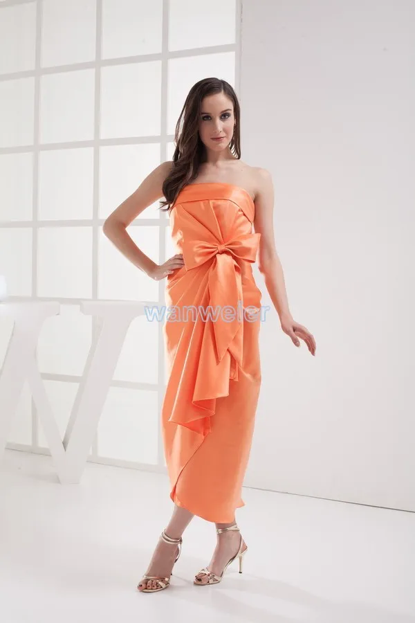 free shipping style company clothing 2015 new design knee-Length vestidos formales gown customized bow orange Bridesmaid Dresses