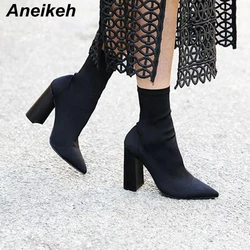 Aneikeh NEW Spring Slim Stretch Ankle Boots for Women Pointed Toe Sock Boots Square High Heel Shoes Fashion Bota Feminina 35-41