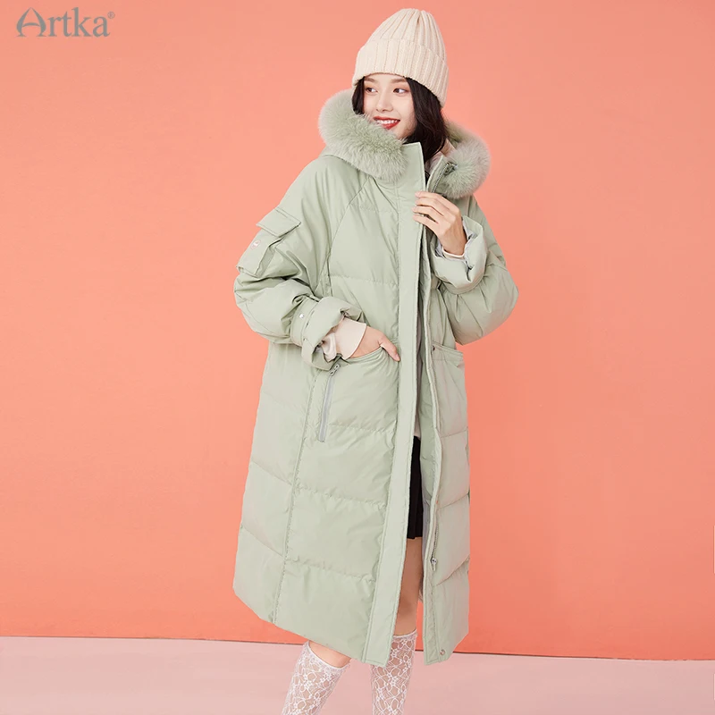 ARTKA 2020 Winter New Women Down Jacket Fashion Casual 4 Colors 90% White Duck Down Coat Big Fox Fur Collar Long Parka ZK22008D