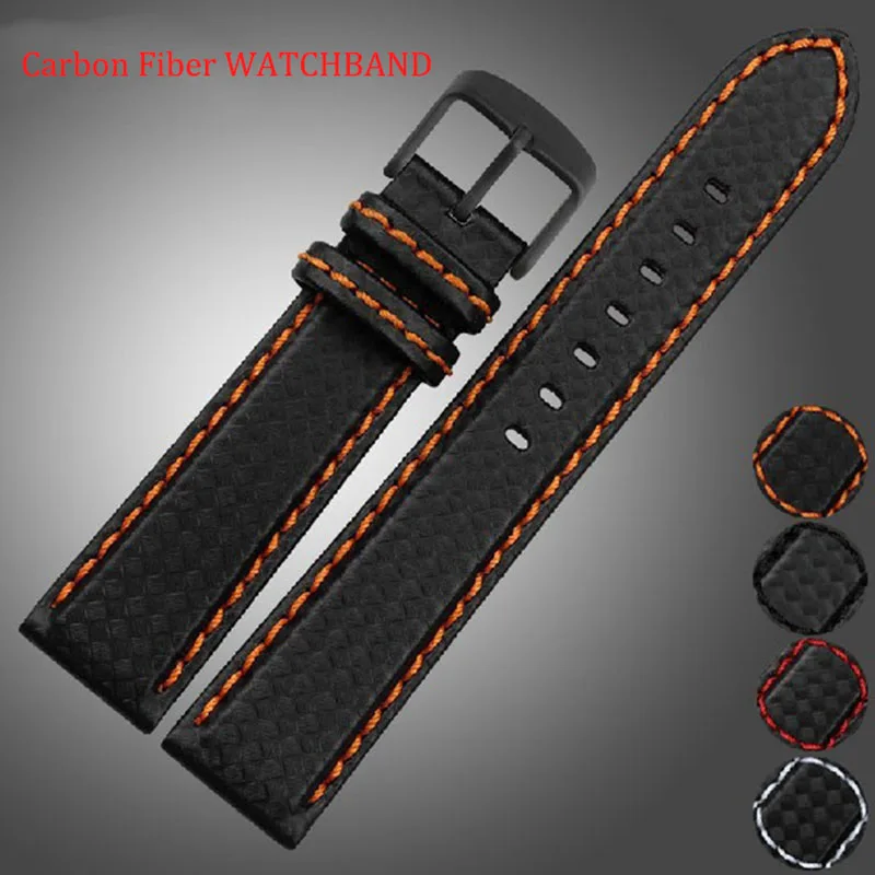 18mm 20mm 22mm 24mm Mens Watch Band Carbon Fibre Watch Strap with Red Stitched + Leather Lining Stainless Steel Clasp watchband