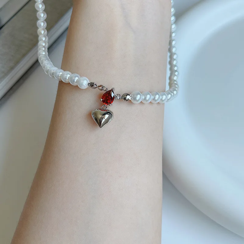 

Silvology 925 Sterling Silver Red Zircon Heart Pearl Pendant Necklace for Women Light Luxury Necklace Aesthetics Party Jewelry