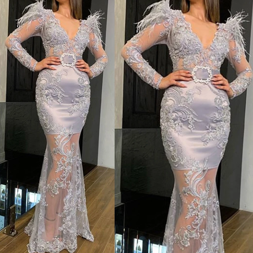 lace prom dresses 2020 sequins sparkly mermaid evening dresses lace feather formal evening gowns robe de soiree