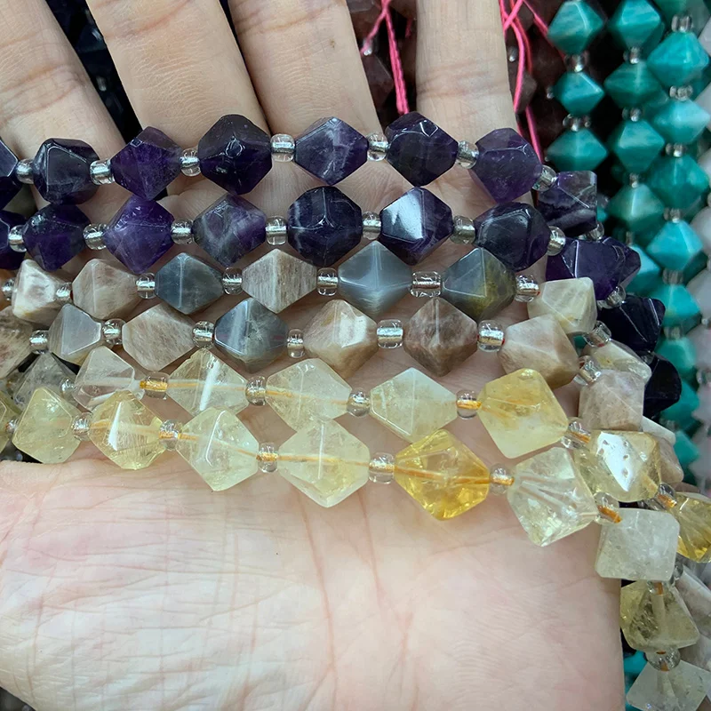 

9-10mm Natural Amethyst Citrine Sunstone Stone Beads 15'' Pyramid DIY Loose Beads For Jewelry Making Beads Necklace Earring