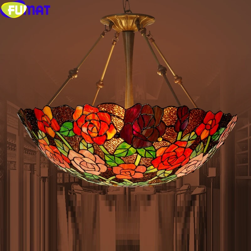 FUMAT Tiffany Style Big Single Light Pendant Lamp Stained Glass Rose Flower Vine Garden Anti Chandeliers Villa Home Decor LED