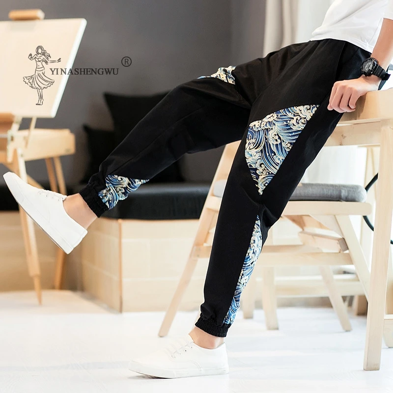 Japanese Casual Kimono Pants Loose Samurai Print Trouser Japan Men Traditional Asian Costume Yukata Style Cotton Linen Clothing