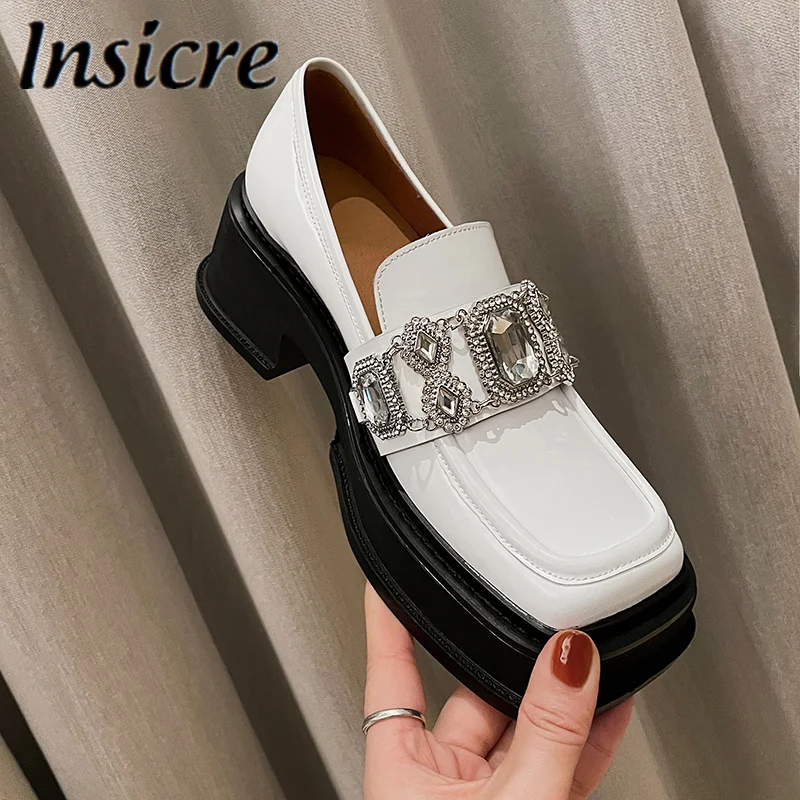 

Insicre Rhinestone Fashion High Quality Leather Women Pumps Platform Thick Heels Square Toe Spring New Wedding Party Shoes