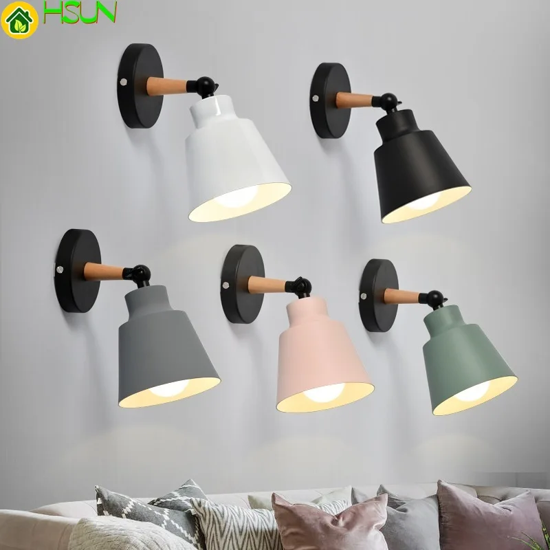 

Fixture Modern Light Led Wall With Iron Lampshade Wooden Nordic Indoor Wall Lamp Rustic Colorful Bedside Aisel Corridor Lighting