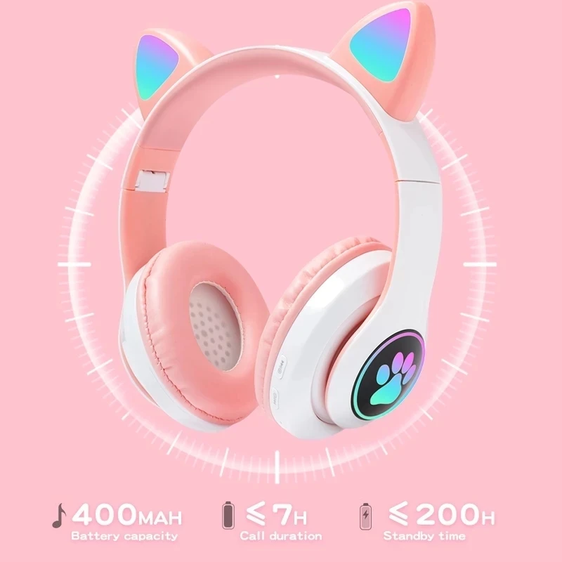 Headworn Wireless Bluetooth Headphone Esports Games Headset Cute Cat Ear LED Lights With Microphone Sport Earphone For Girl Gift