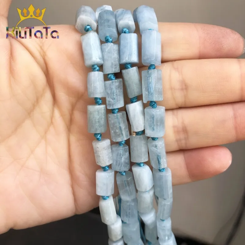 Natural Faceted Aquamarines Stone Beads Cylinder Gem Loose Spacer Beads For Jewelry DIY Making Bracelet Charms Accessories 7.5\'\'