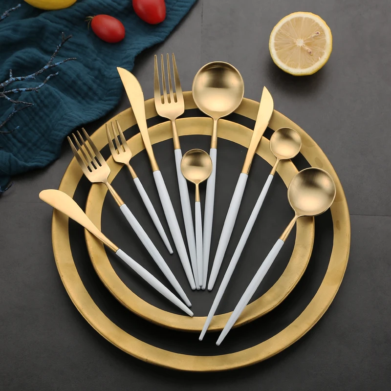 Gold Tableware Set Matter Silverware 304 Stainless Steel Cutlery Set Kitchen Dinnerware Set Knife Spoon Chopsticks Western White