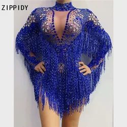 Blue Silver Rhinestones Transparent Fringe Bodysuit Birthday Celebrate Long Sleeves Dance  Women Singer Outfit shenlan