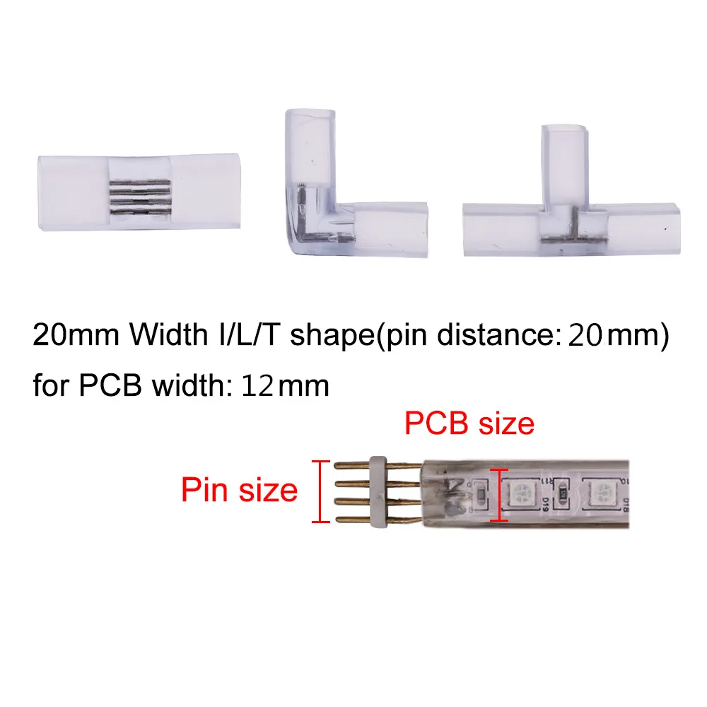 Conector de canto com agulha de cobre, 4 pinos, forma do L T, plugue médio, RGB, 110V, 220V, 2835, 5050, RGB, tamanho 10x20mm