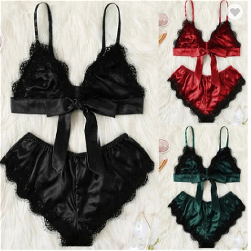 

2021 New Underwear Sleepwear Sets Lenceria Sling Bra Set Sexy Satin Lace Lingerie Bow Lace Short Briefs Set For Women