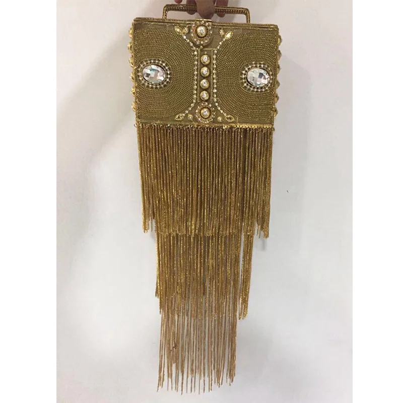 DOYUTIG Vintage Women's Long Tassels Hand-Made Rhinestone Beads Box Clutches Lady Classical Box Evening Bags For Wedding F6973