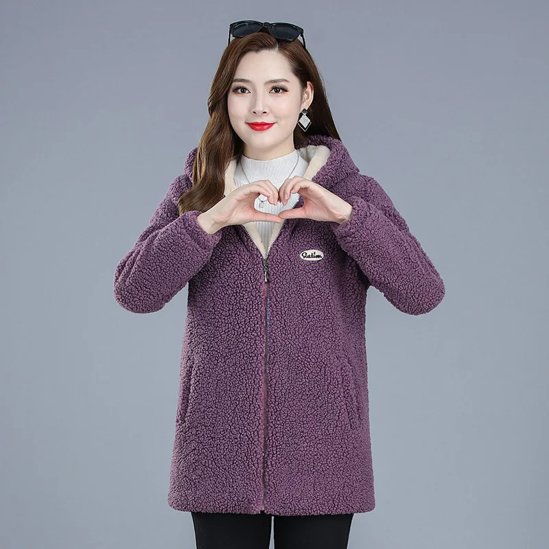 Middle-aged Mother Women\'s Lamb Wool Coat 2022 New Fashion Winter Jacket Women Loose Hooded Mid-length Female Overcoa