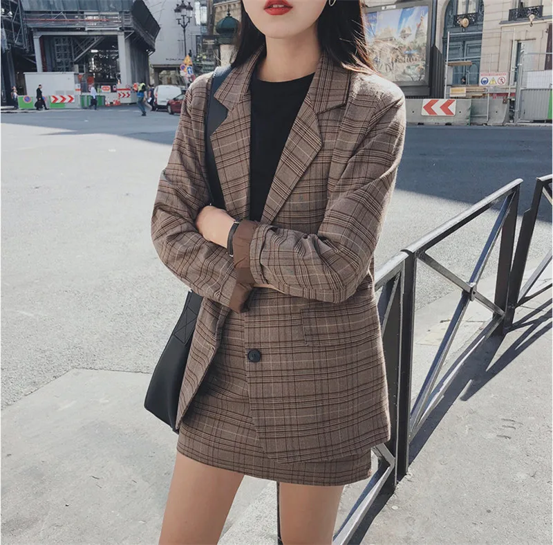 Comelsexy Plaid Print Notched Blazer Suit+ High Waist Pencil Skirt Set Vintage Autumn Casual Korean Office Lady Two Piece Outfit